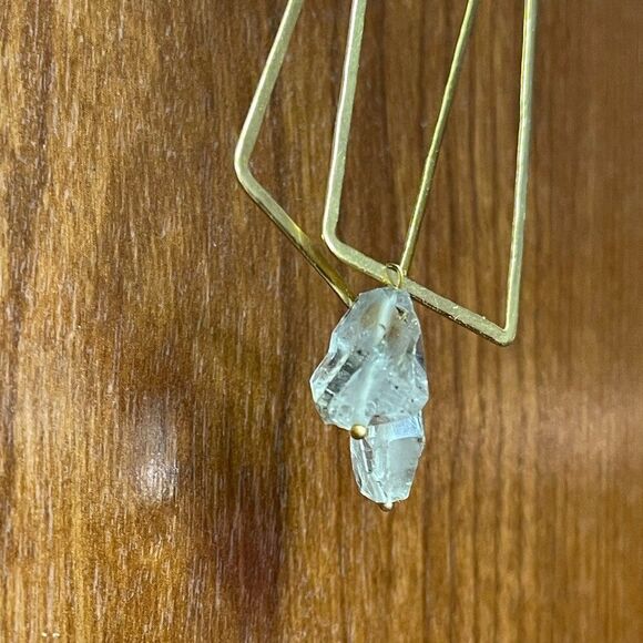 brass rectangle earrings w/ raw stone/crystal - Picture 8 of 11